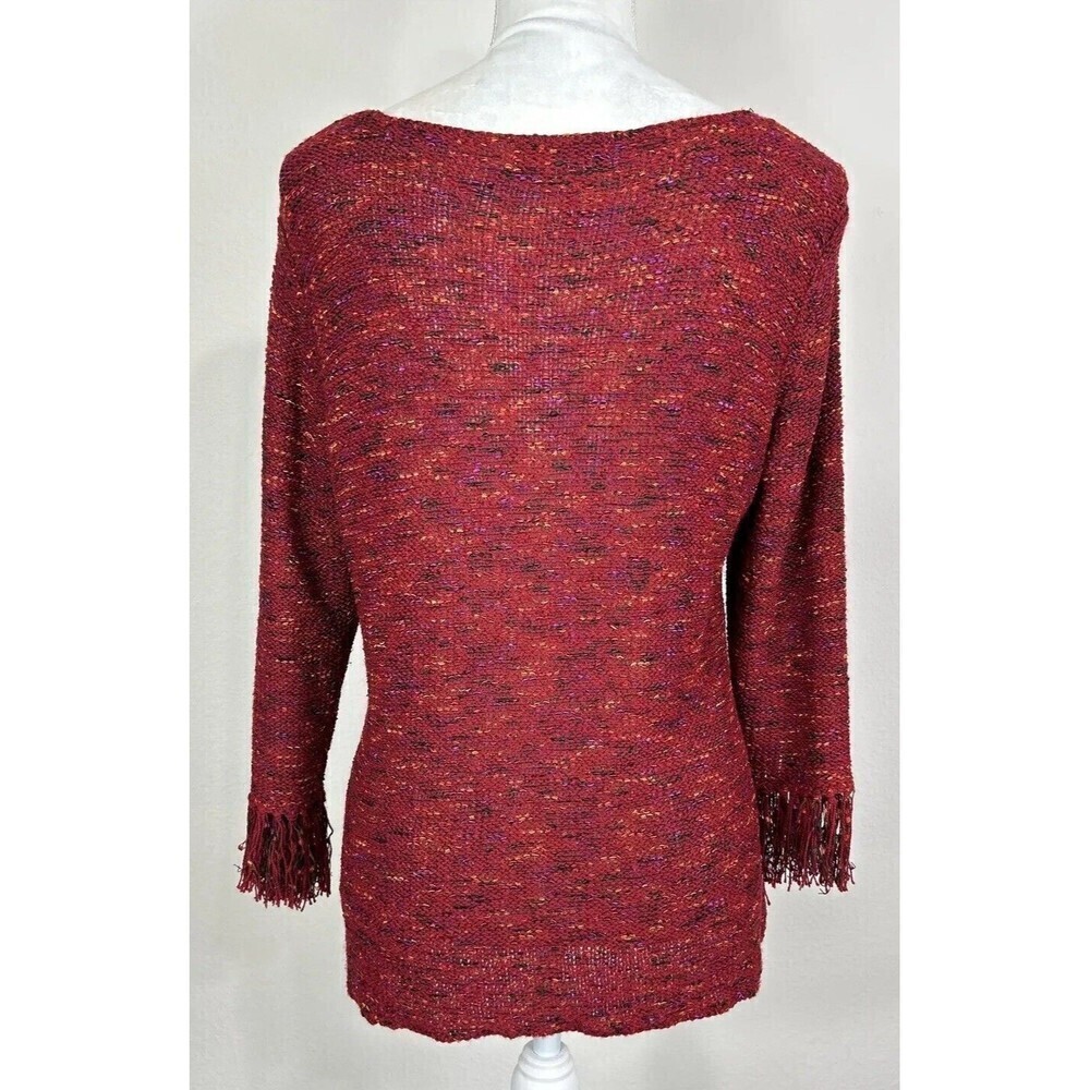 Coldwater Creek Dark Red Pullover Sweater Large (14/16) Fringe Cuffs Knit Casual - Picture 2 of 12